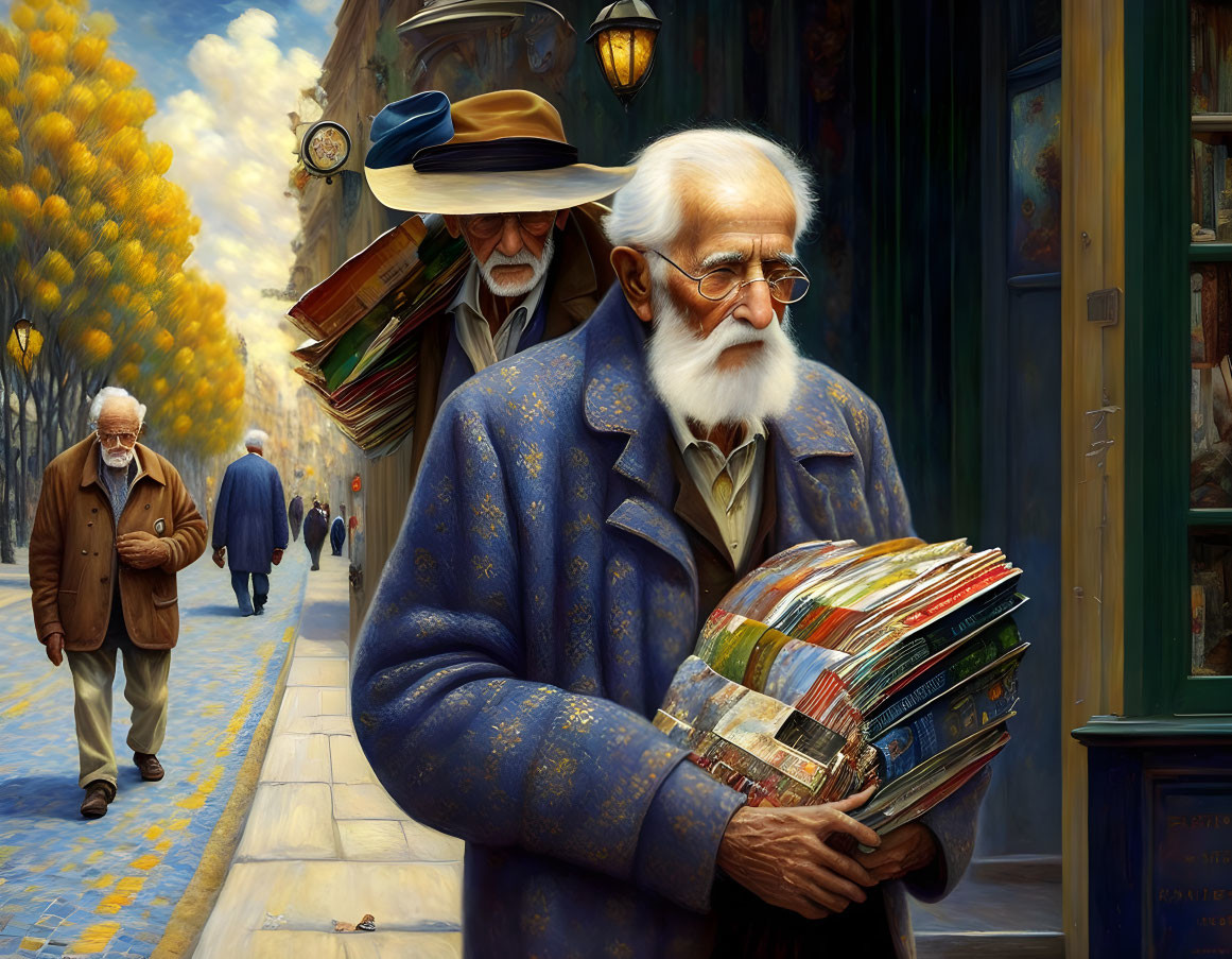 Elderly man with white beard on cobblestone street with newspapers and pedestrians in autumn setting