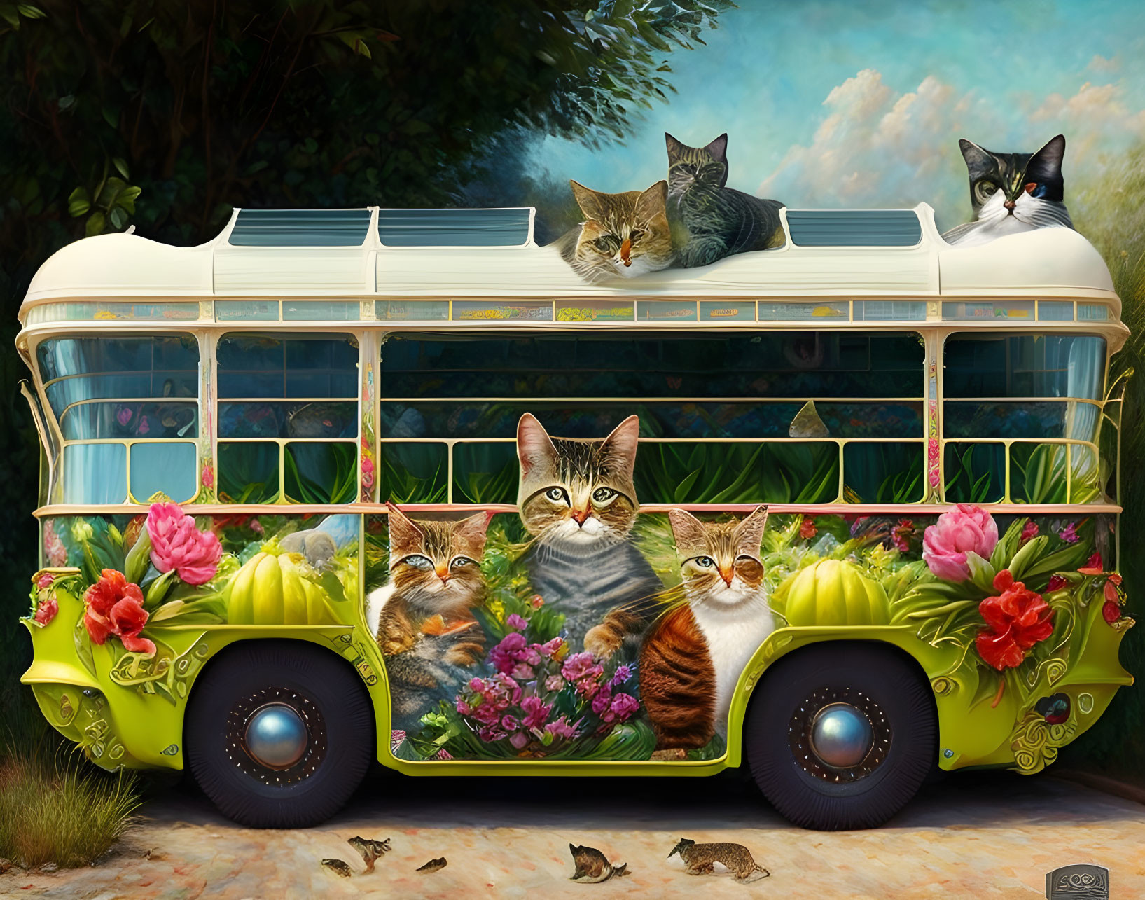 Illustration of green floral bus with cats in serene outdoor setting