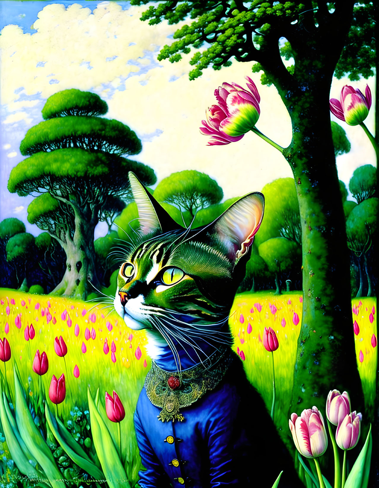 Surreal Cat in Human Attire Amidst Vibrant Tulip Field