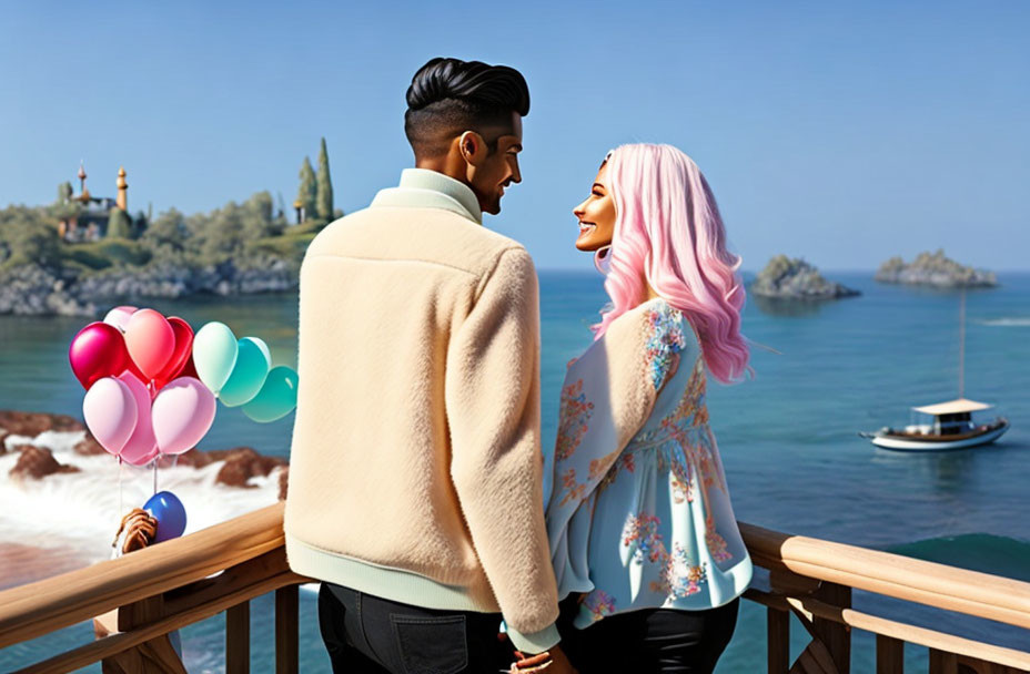 Couple on Pier with Man Holding Balloons