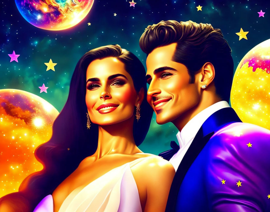 Colorful illustration: stylish couple with dreamy eyes in cosmic setting