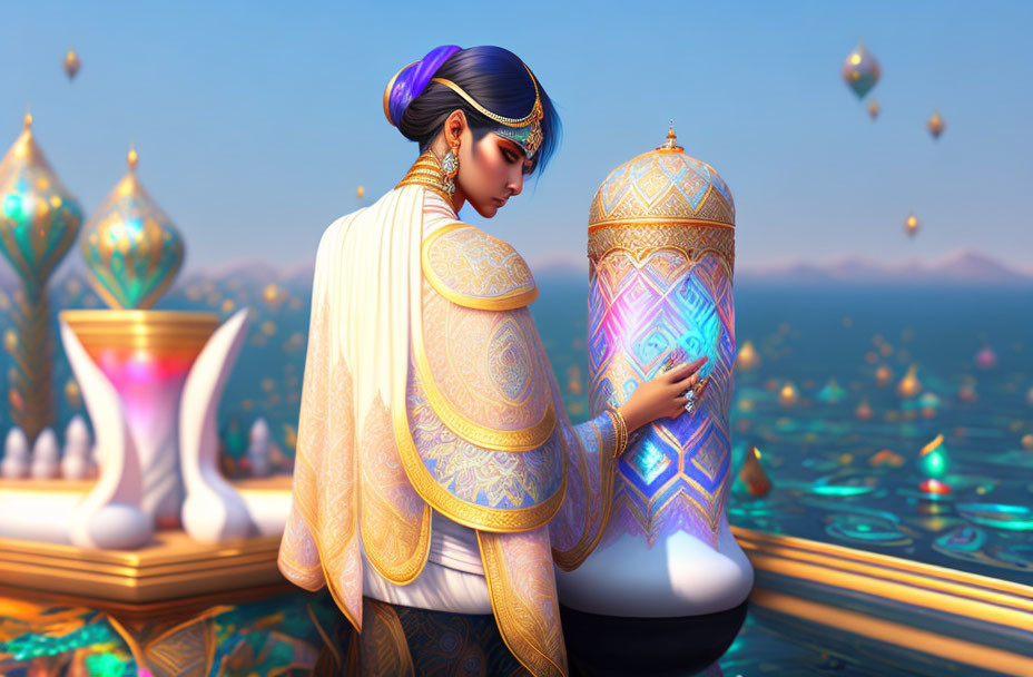 Stylized artistic image of woman with hourglass and lanterns