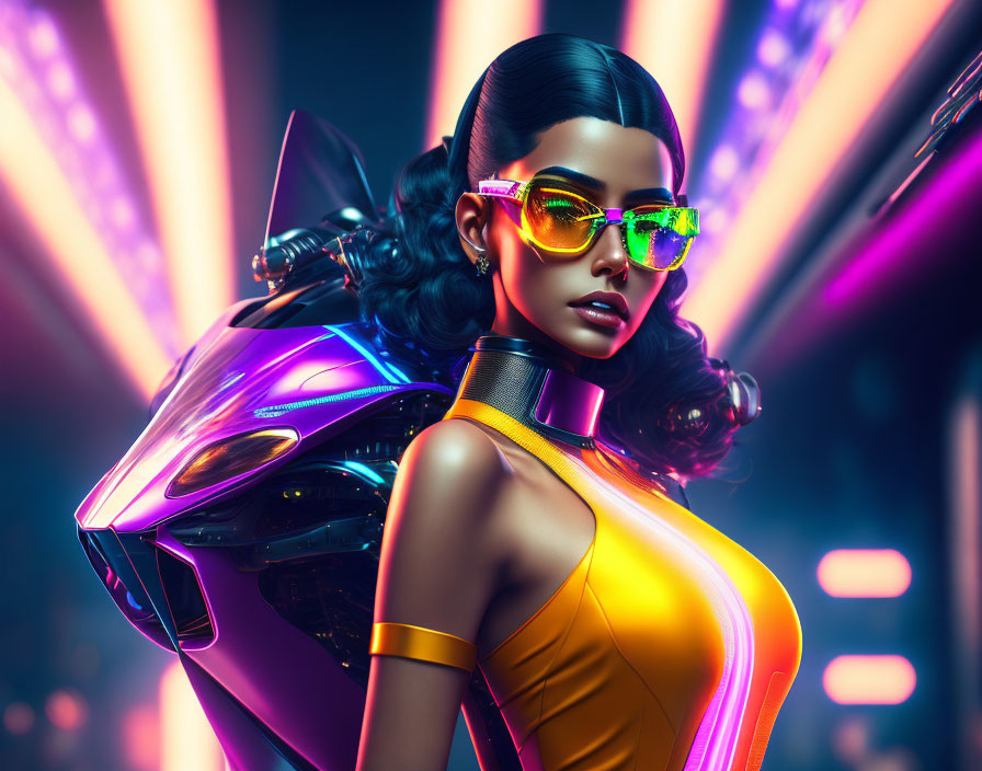 Futuristic woman with sleek hair and neon glasses in cyberpunk setting