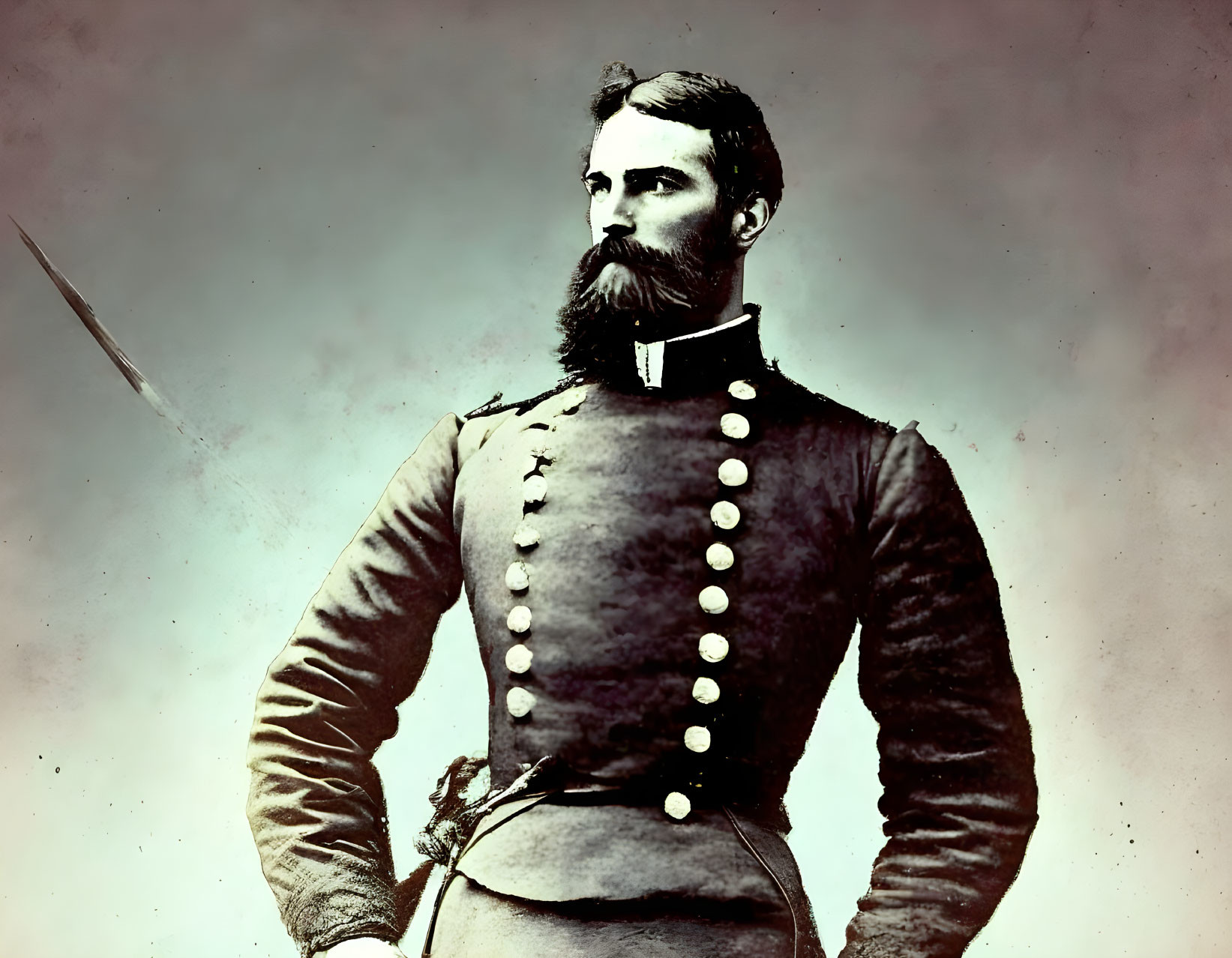 Vintage photo: Bearded man in military uniform with sword, plain background