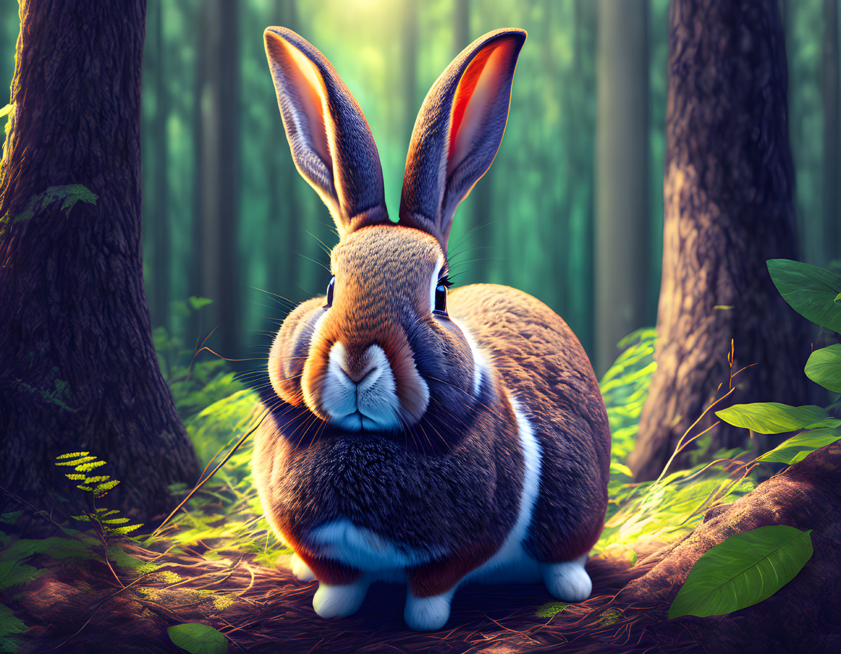 Realistic plump bunny in forest with sunlight and lush greenery