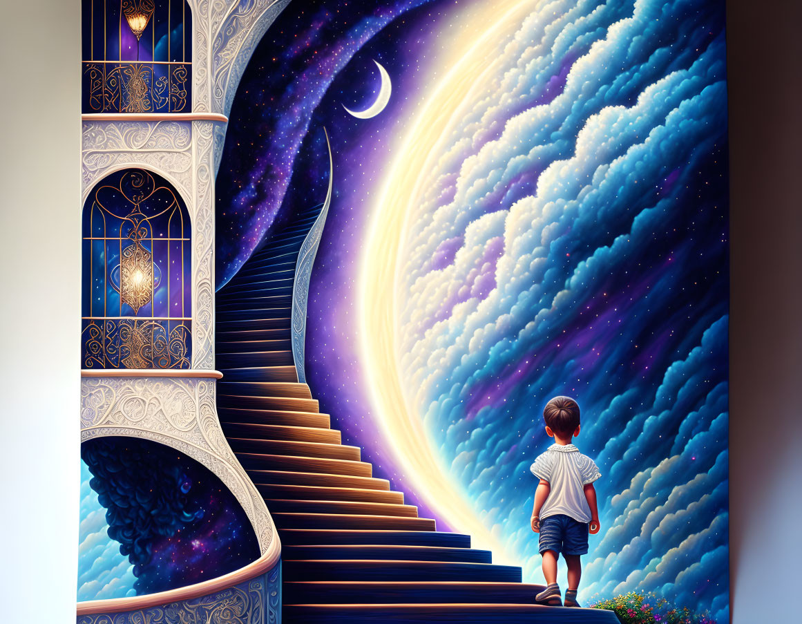 Child at base of spiral staircase under starry night sky with crescent moon and lanterns.