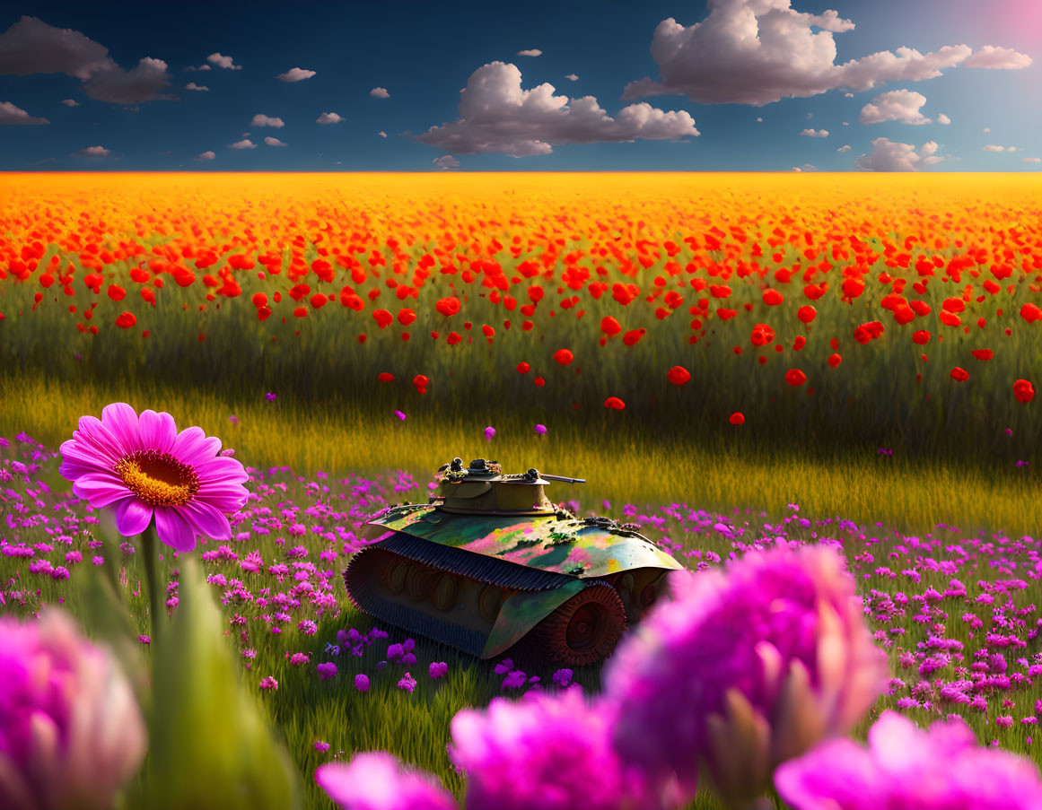 Colorful wildflower field with military tank under blue sky