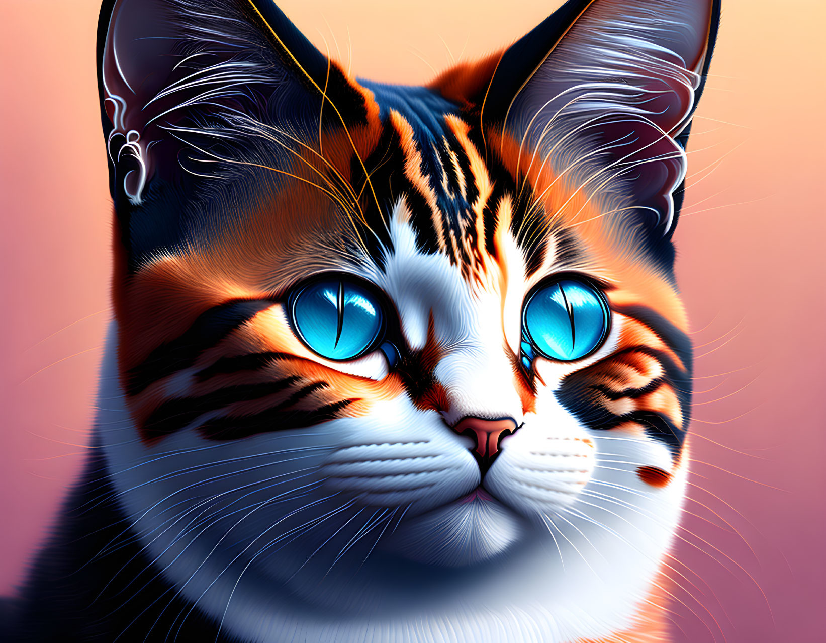 Detailed Cat Illustration with Blue Eyes and Colorful Fur on Pink and Blue Background