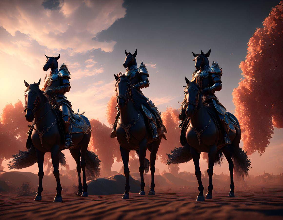 Three knights in full armor on horses under dramatic sunset sky.