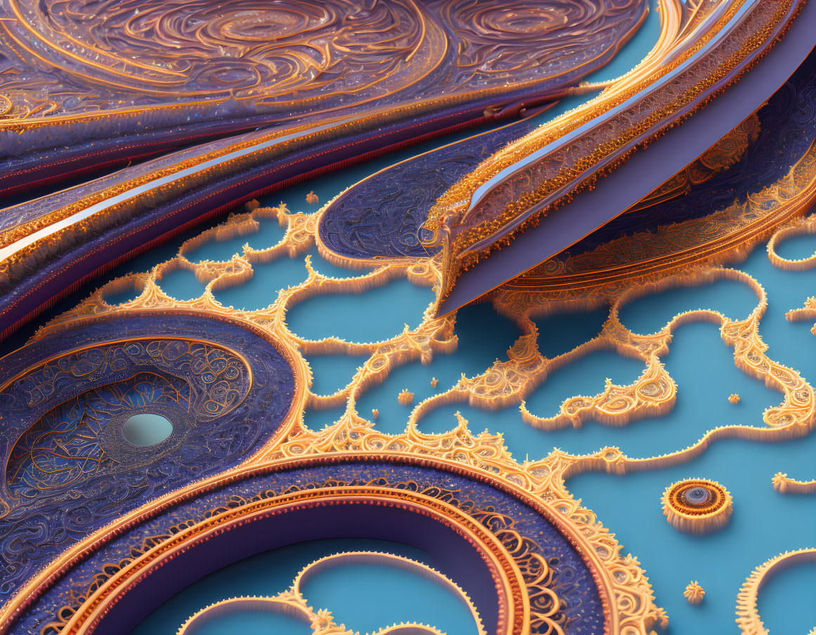 Intricate Gold and Blue Fractal Art with Baroque and Islamic Influences