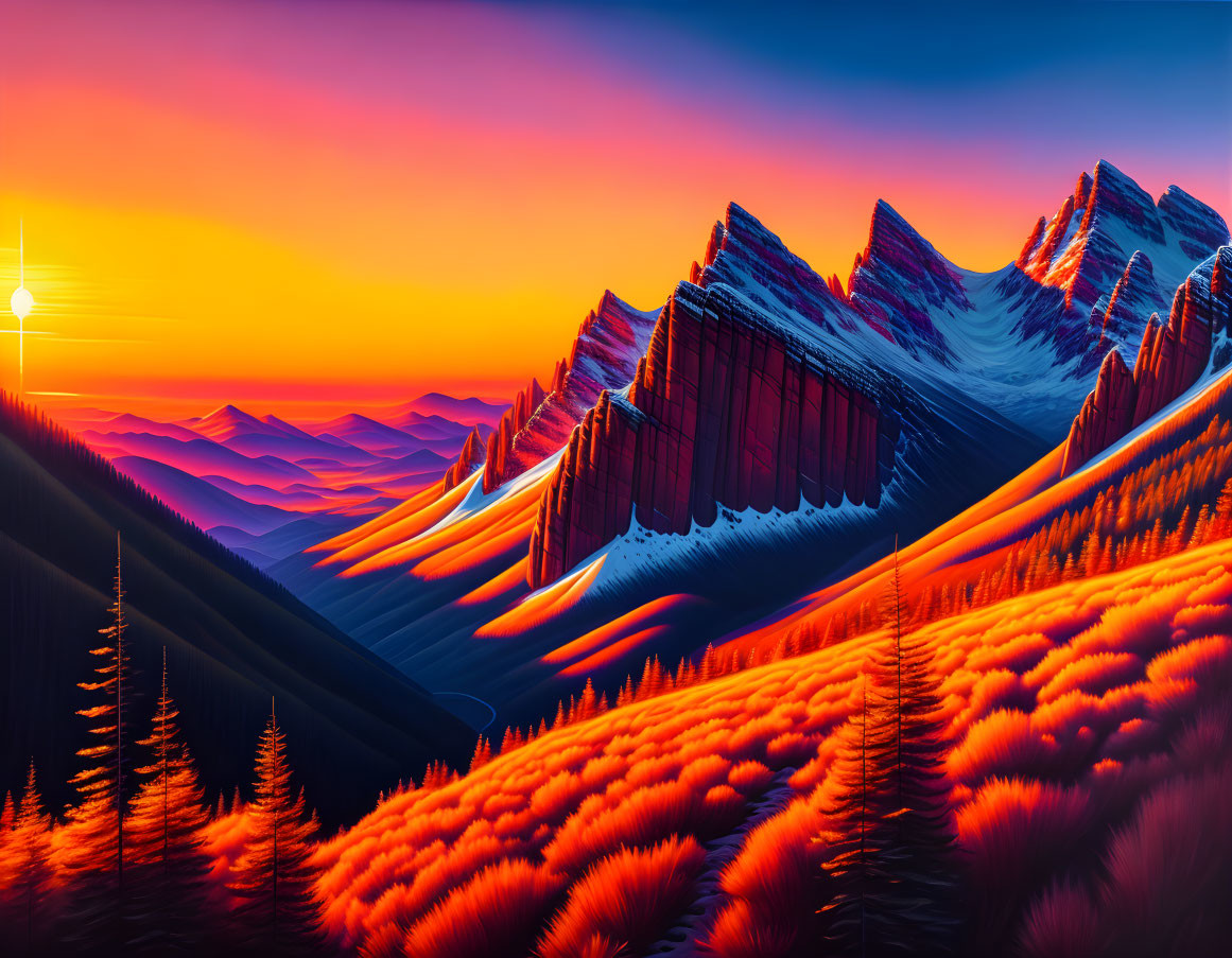 Vibrant digital artwork: Mountain landscape at sunrise