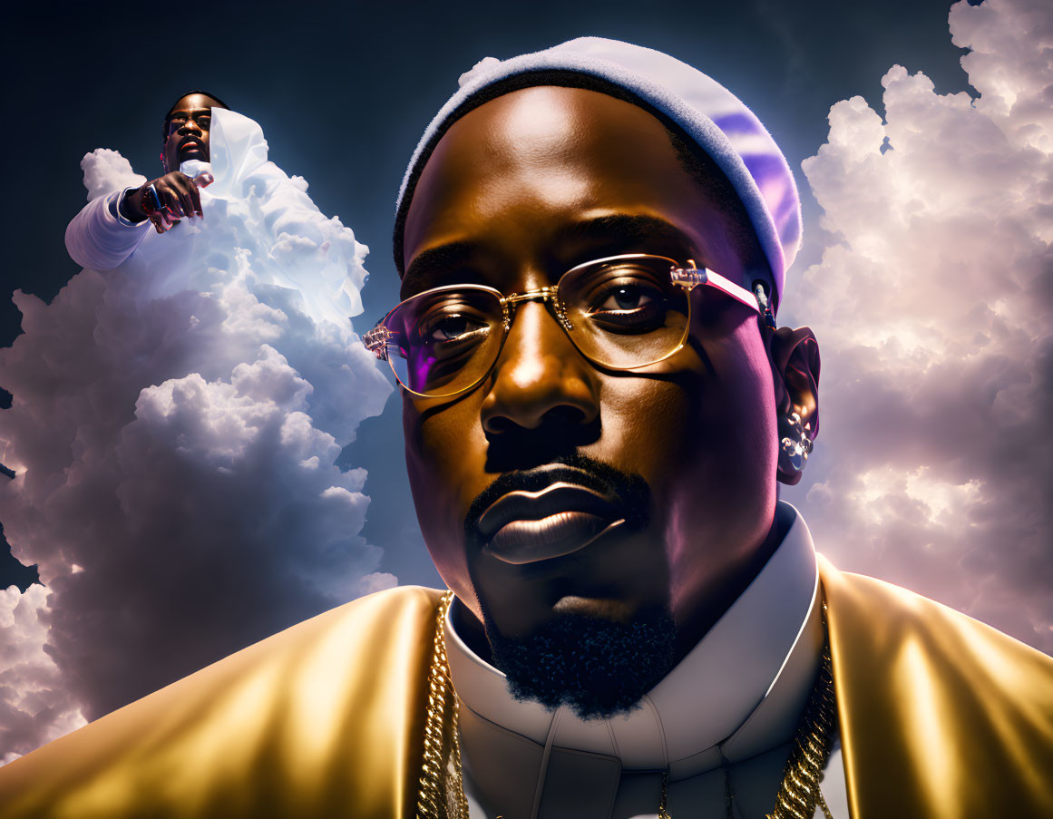 Stylized portrait of a man with gold chain and sunglasses under cloudy sky