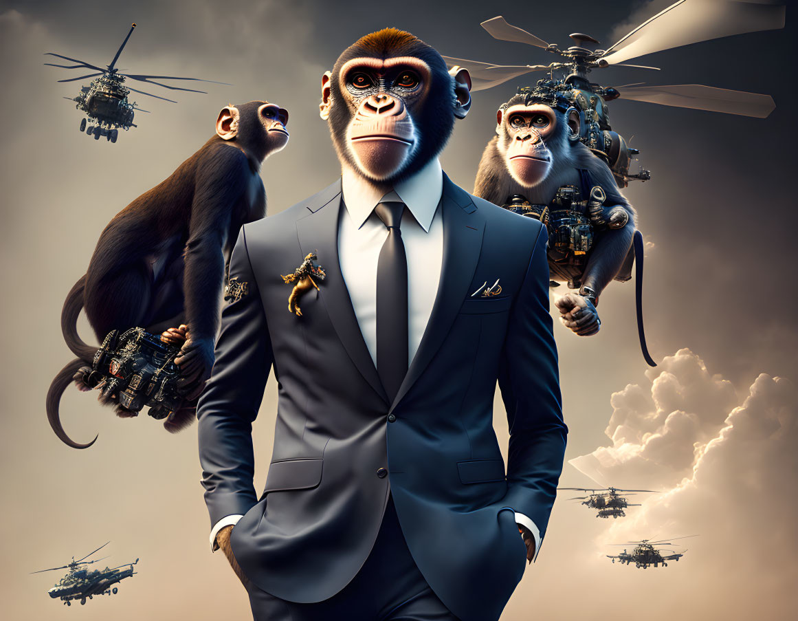 Digitally altered image: Baboons in suits as special agents with weapons and helicopters.