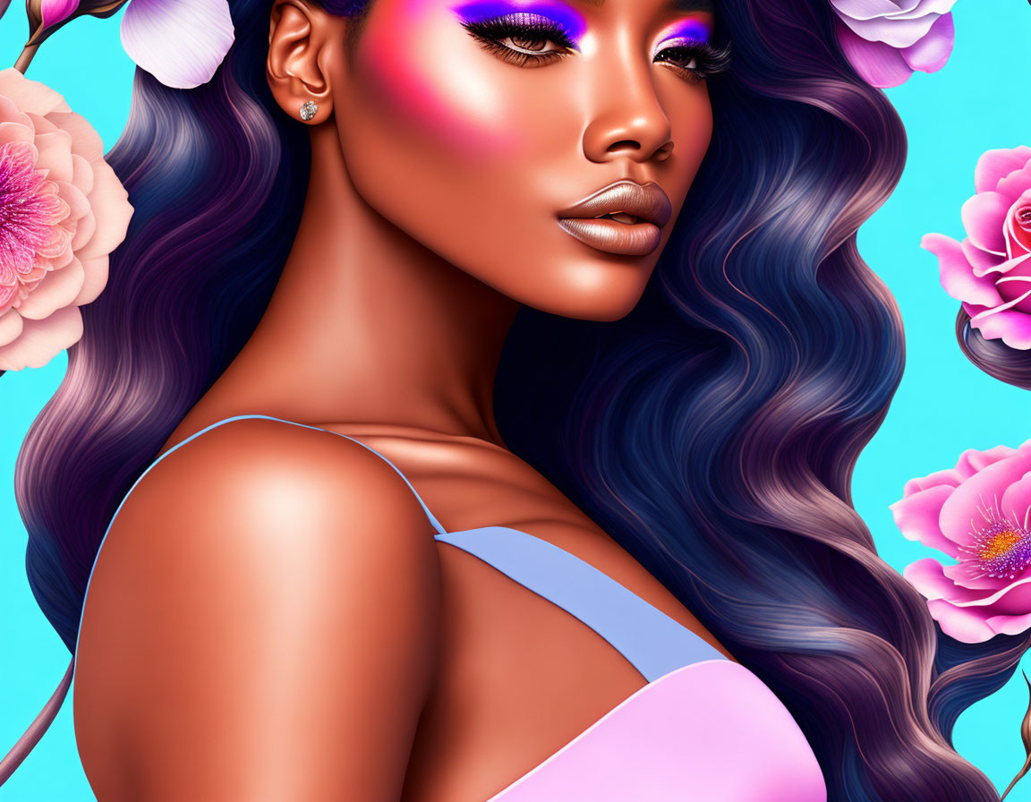 Vibrant makeup and orchids in stylized portrait on blue background