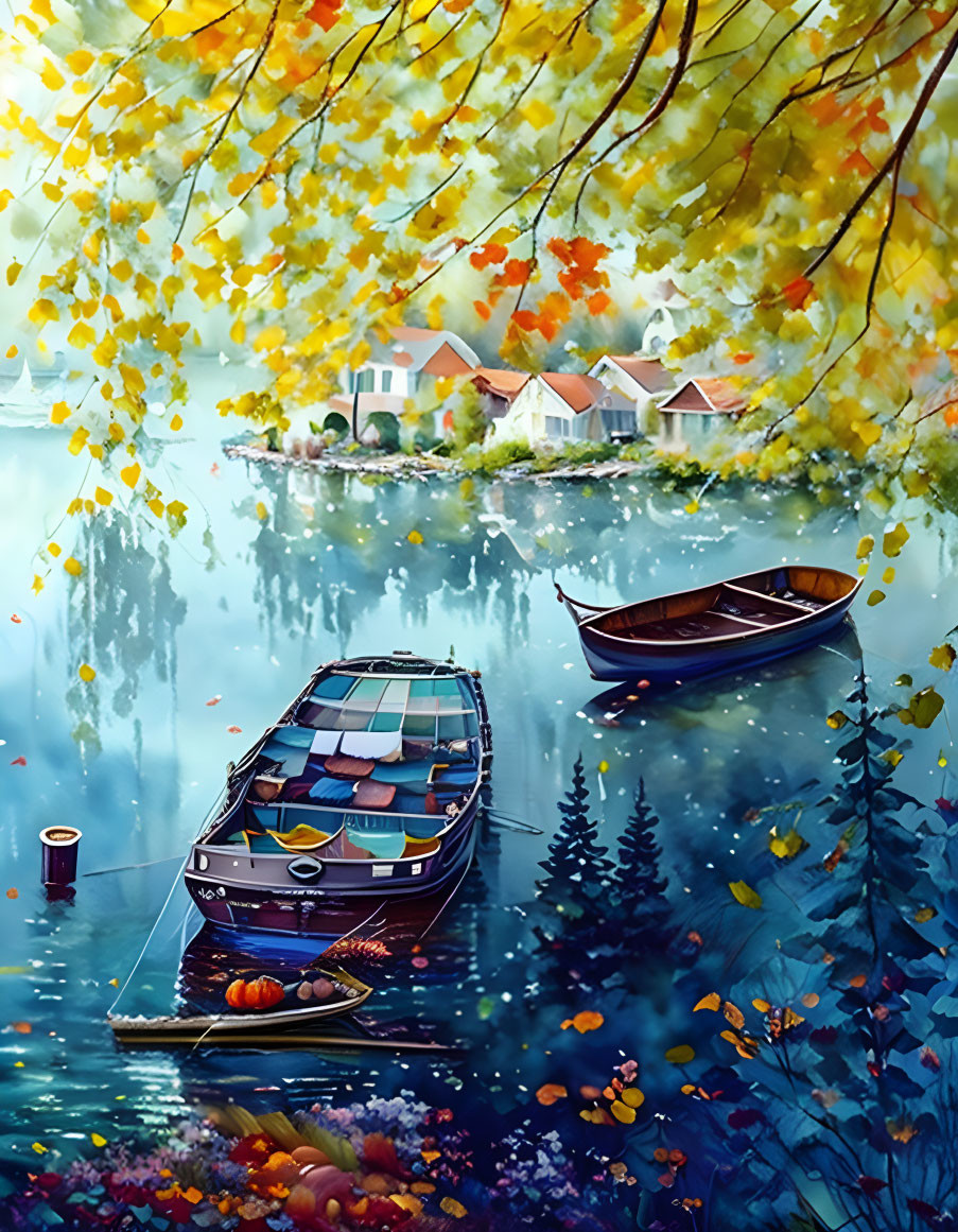 Tranquil lakeside autumn view with colorful trees, boats, and cozy houses