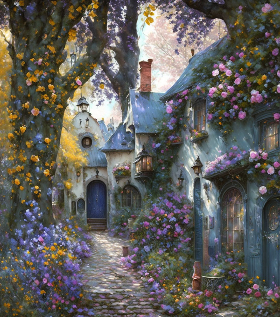 Blue door and windows cottage surrounded by flowering trees and cobblestone path