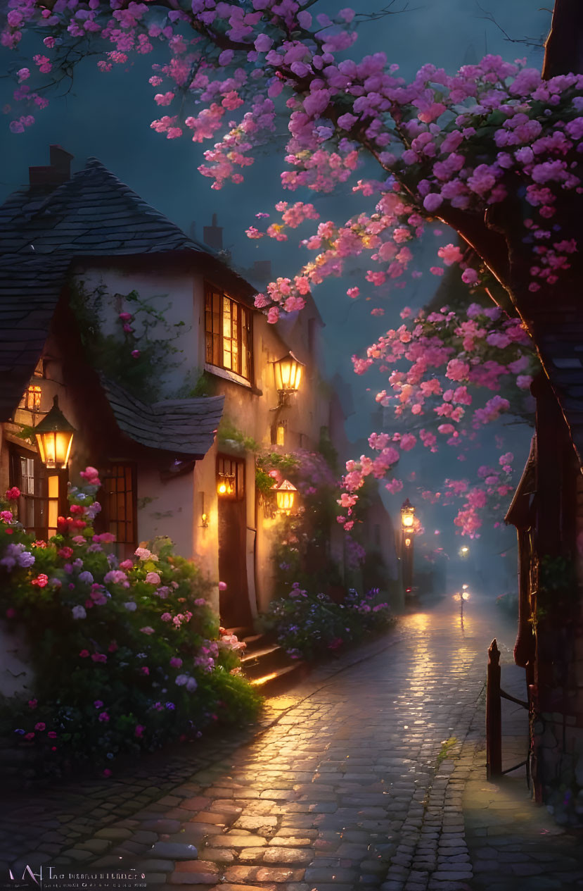 Tranquil cobblestone street with cherry blossoms at twilight