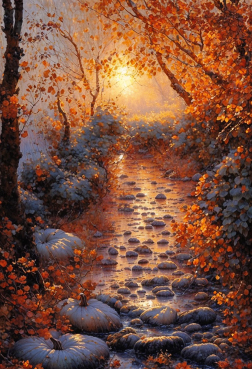 Tranquil autumn cobblestone pathway with orange trees at sunset