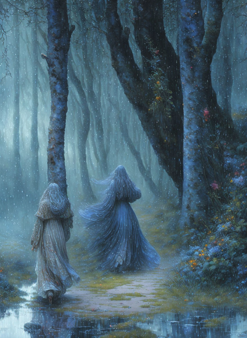 Serene forest path with robed figures, towering trees, mist, and blue flowers