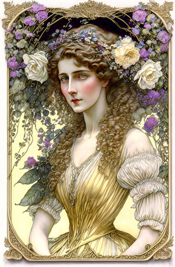 Vintage portrait of woman with flowing hair and floral garland in ornate frame