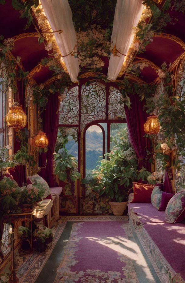 Luxurious vintage interior with velvet couches, floral drapery, stained glass windows, and green