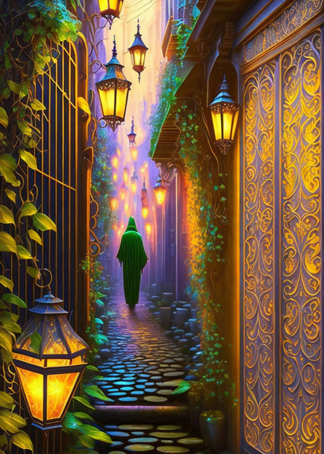 Cloaked figure in narrow cobblestone alley with glowing lanterns