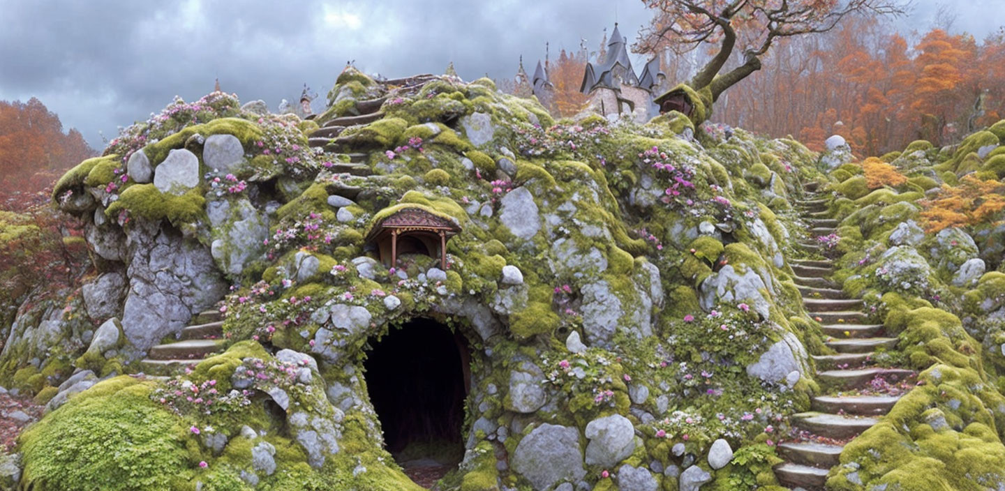 Hillside dwelling with moss, flowers, round door, stone steps, and castle in mist