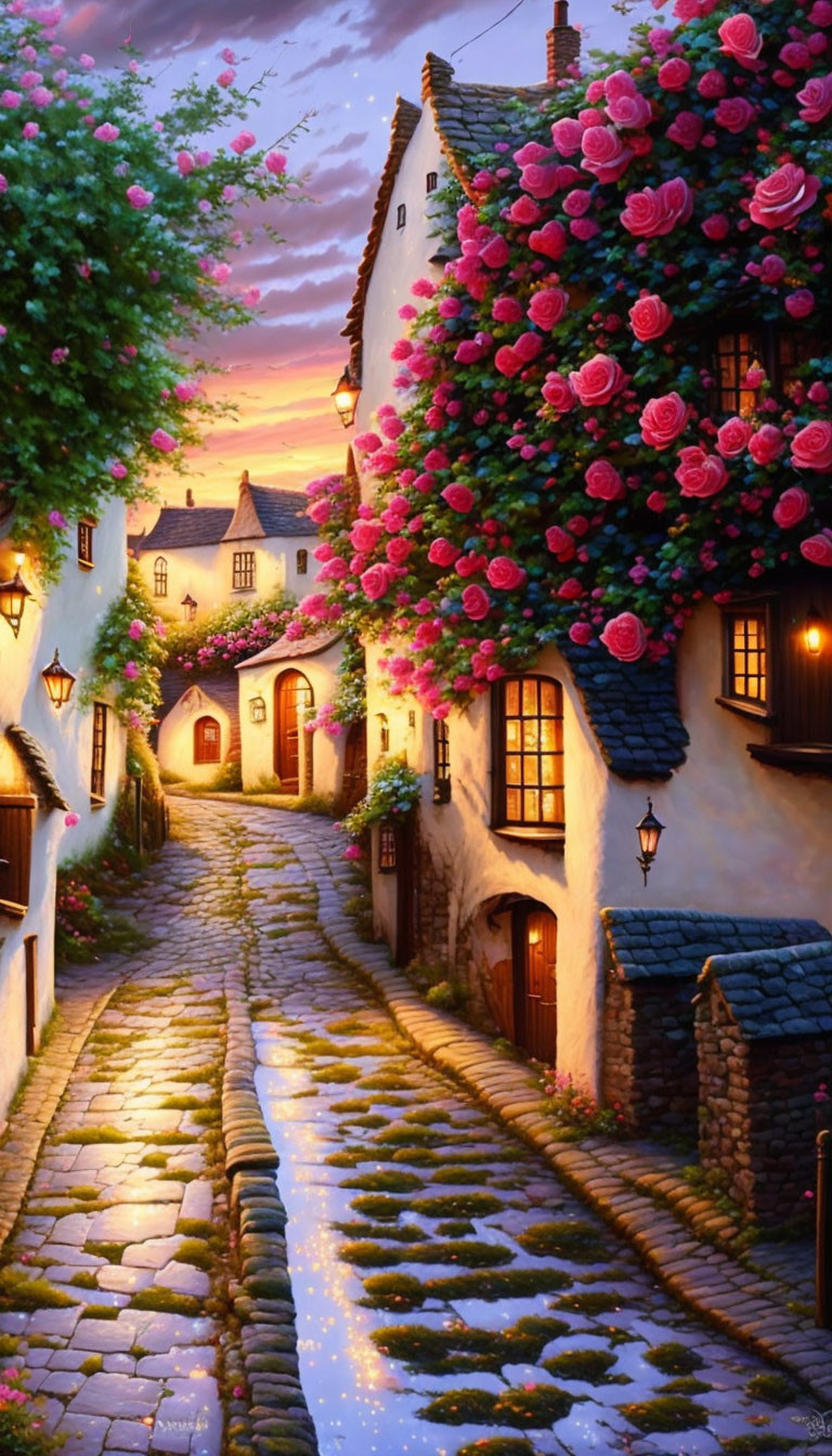 Charming cobblestone street with white houses and blooming roses at twilight