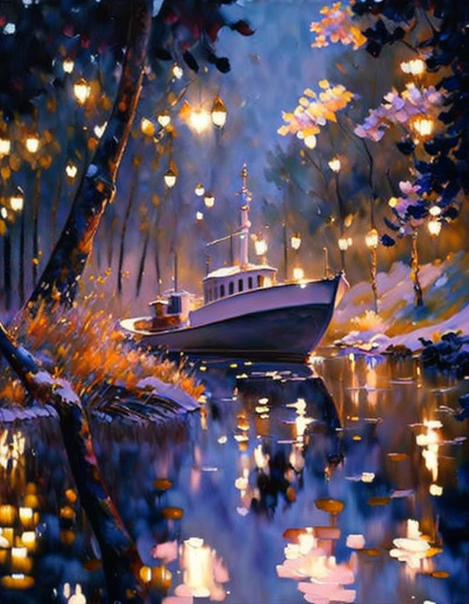 Tranquil river scene with boat at dusk and colorful trees