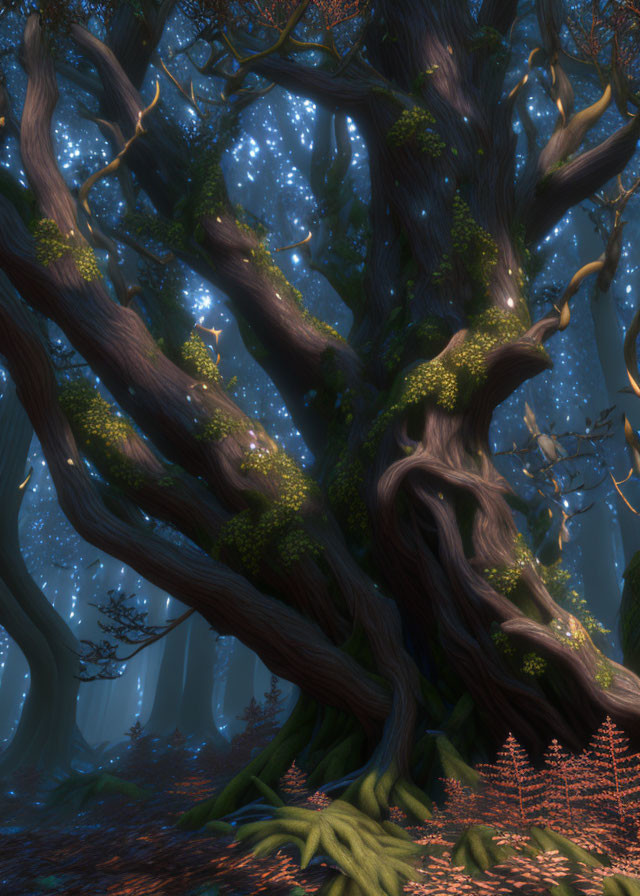 Majestic twisting trees with lush foliage in an ethereal forest