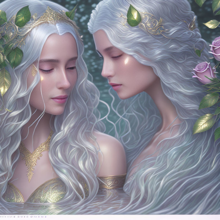 Ethereal women with long white hair and golden adornments in rose-filled scene