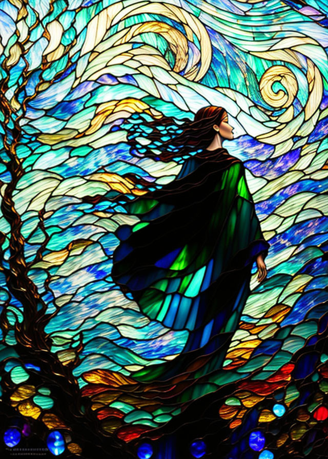 Vibrant blue and green stained glass woman in flowing cloak