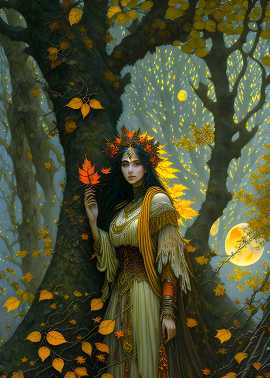 Mystical woman with autumn leaf crown in glowing forest