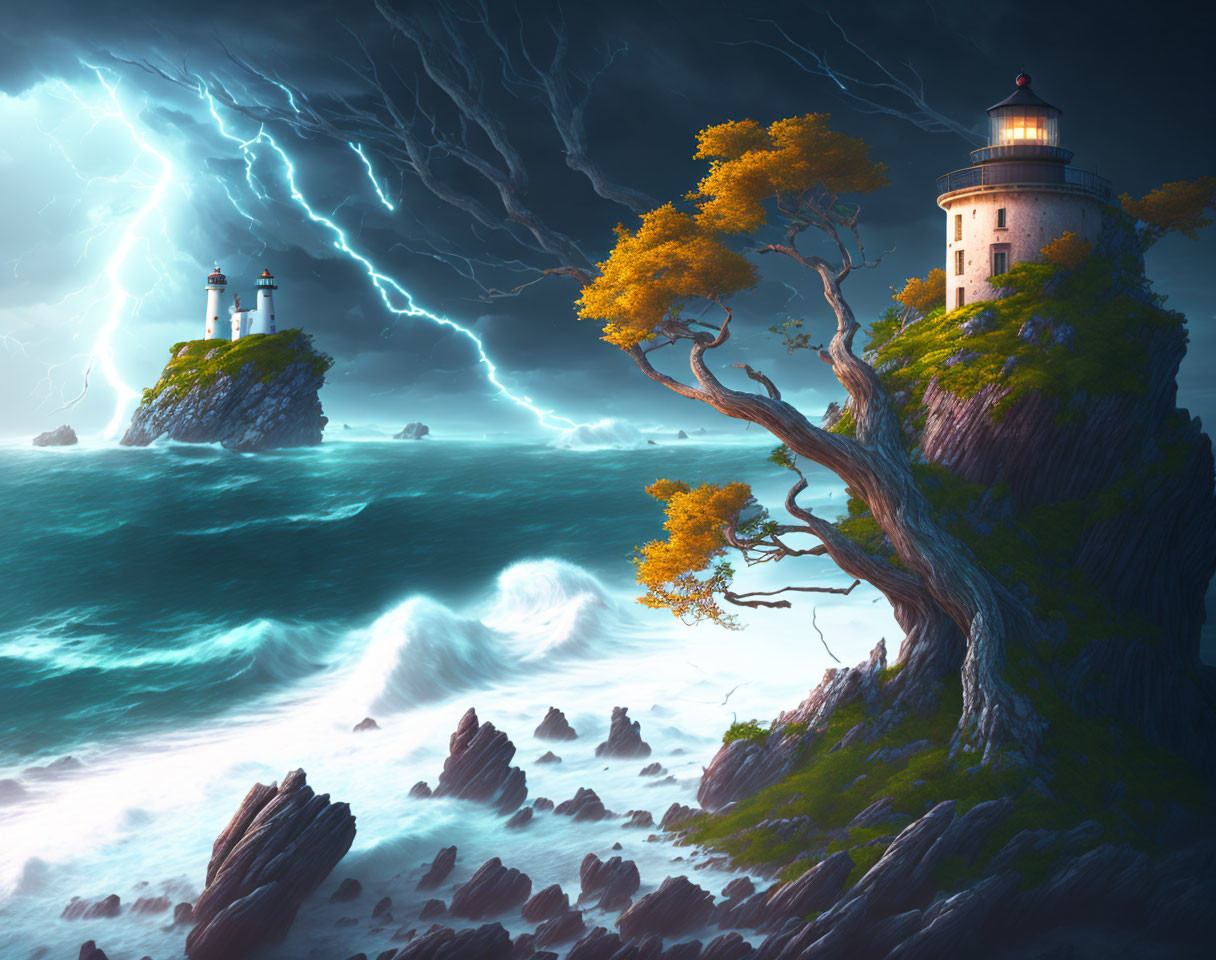 Stormy seascape with lightning, cliff-side lighthouse, beacon, turbulent waves, windswept