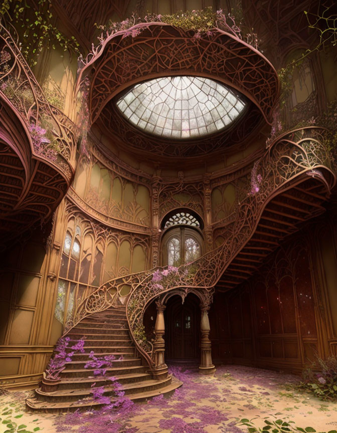 Grand vintage interior with ornate spiral staircase, dome skylight, vines, and purple petals.