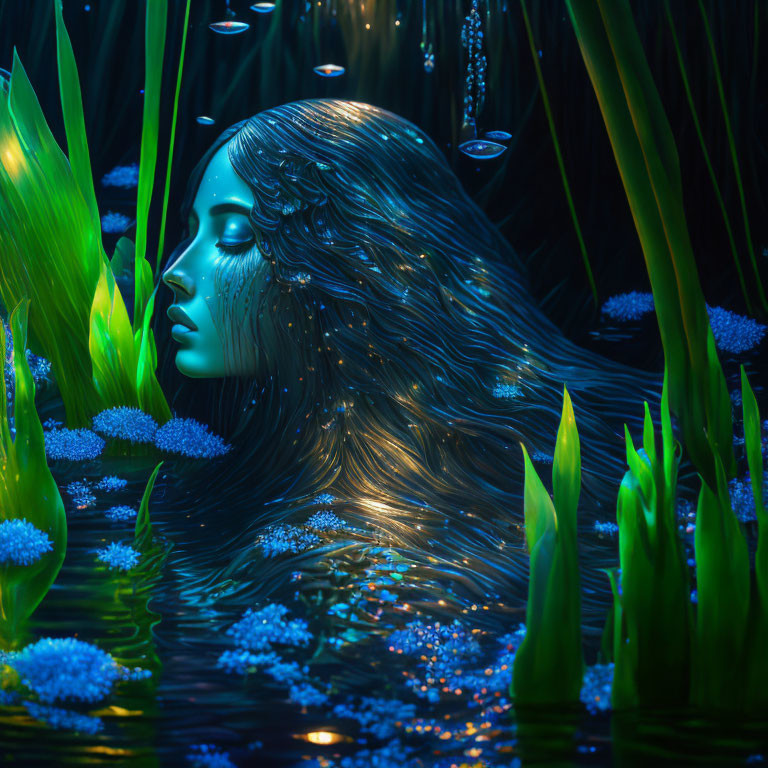 Woman submerged in water surrounded by luminescent flowers and reeds