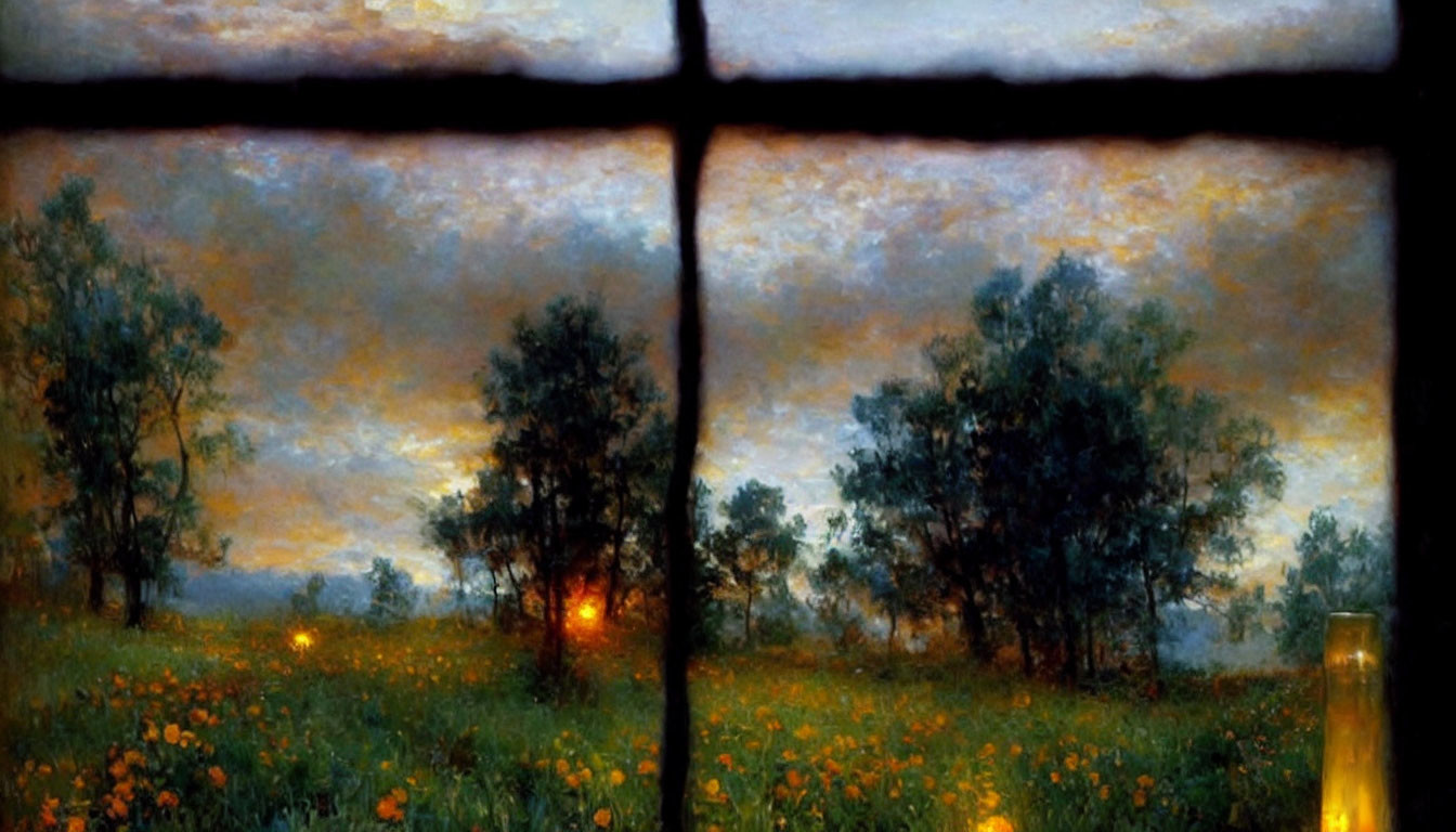 Tranquil twilight landscape through windowpane