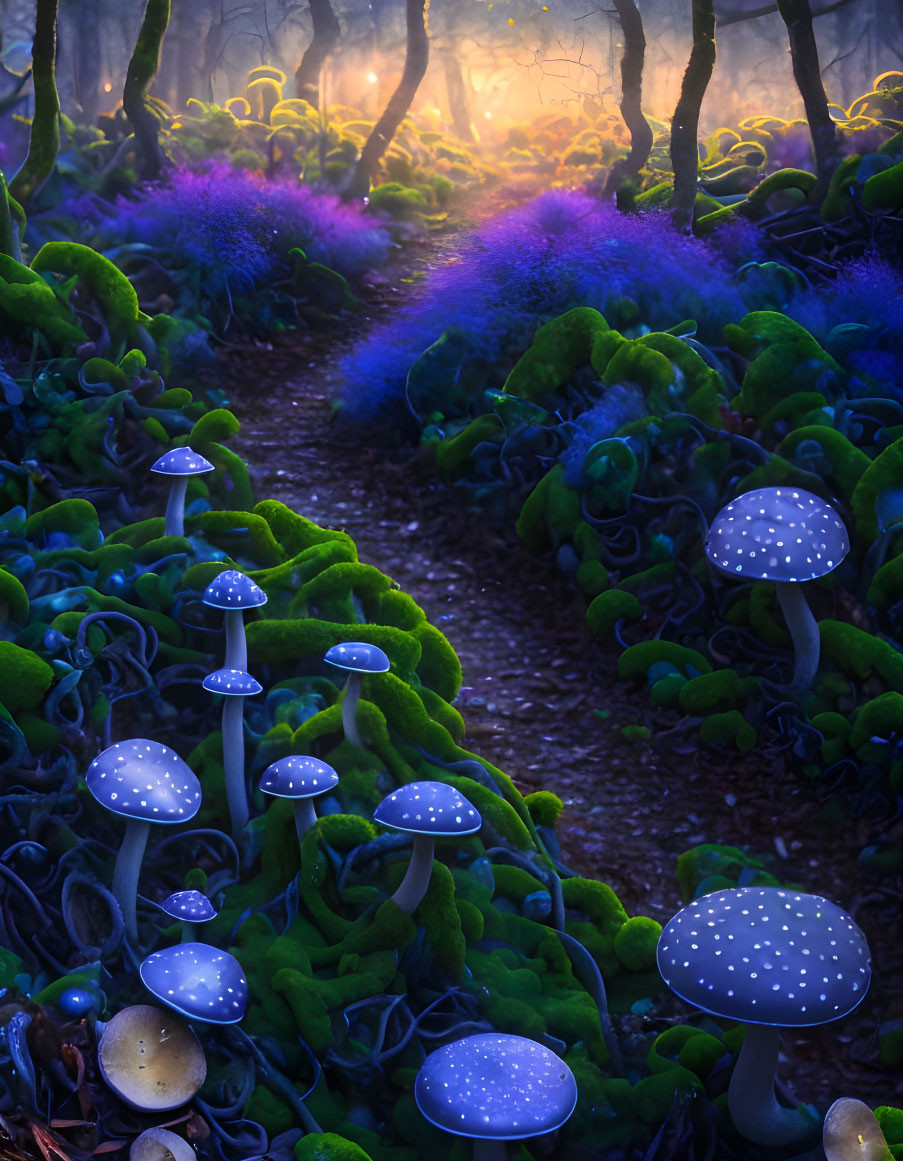 Enchanting forest path with glowing mushrooms and vibrant plants