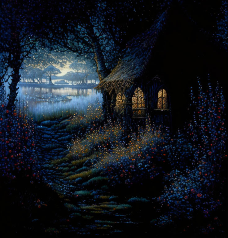 Serene night-time scene of a cottage by water and trees