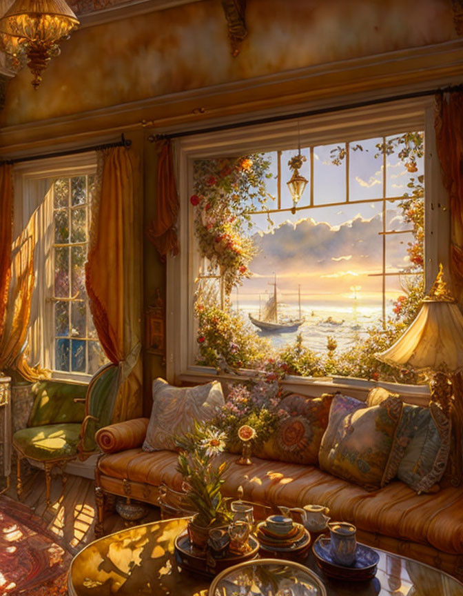 Vintage living room with plush seating and ornate decor overlooking a calm sea at sunset