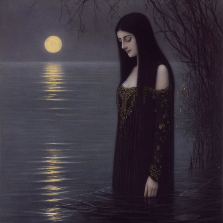 Woman in black, gold gown standing in water at night under full moon