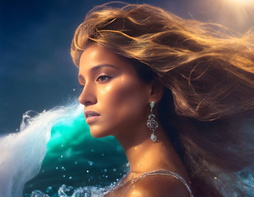 Woman with windswept hair and diamond earrings by the ocean shore.