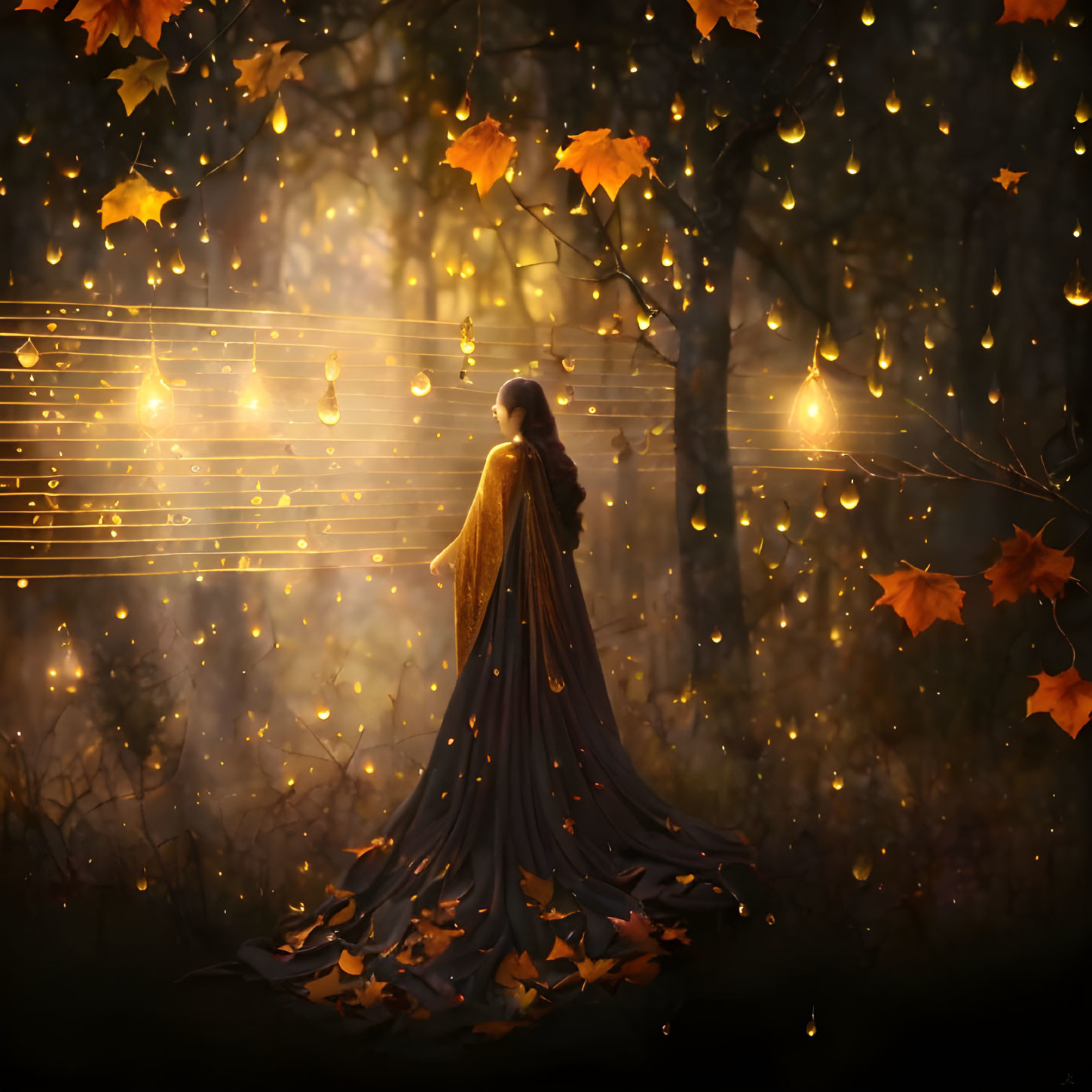 Mystical forest scene with woman in dark gown