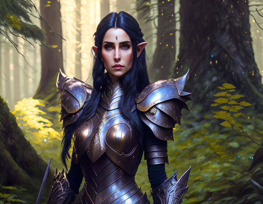 Female elf in ornate armor standing in mystical forest