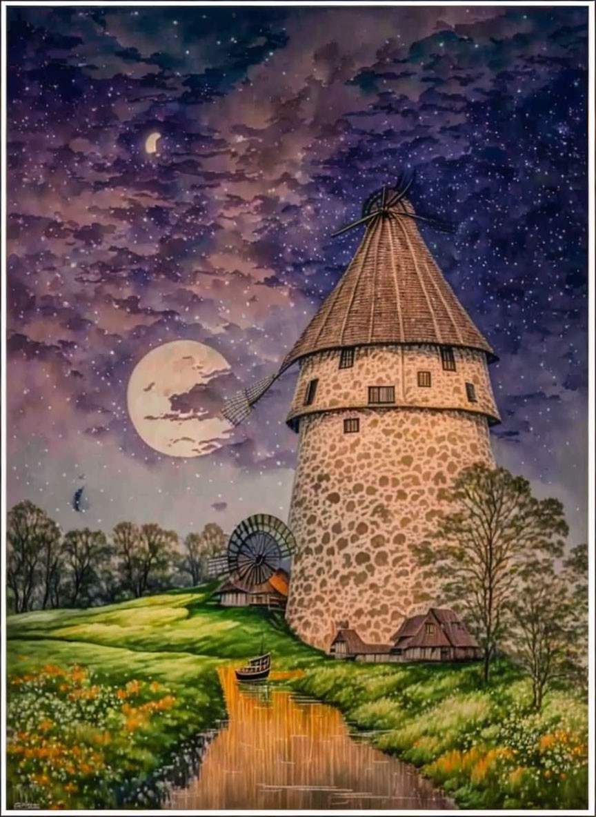 Stone windmill at night under starry sky with crescent moon and wooden bridge.