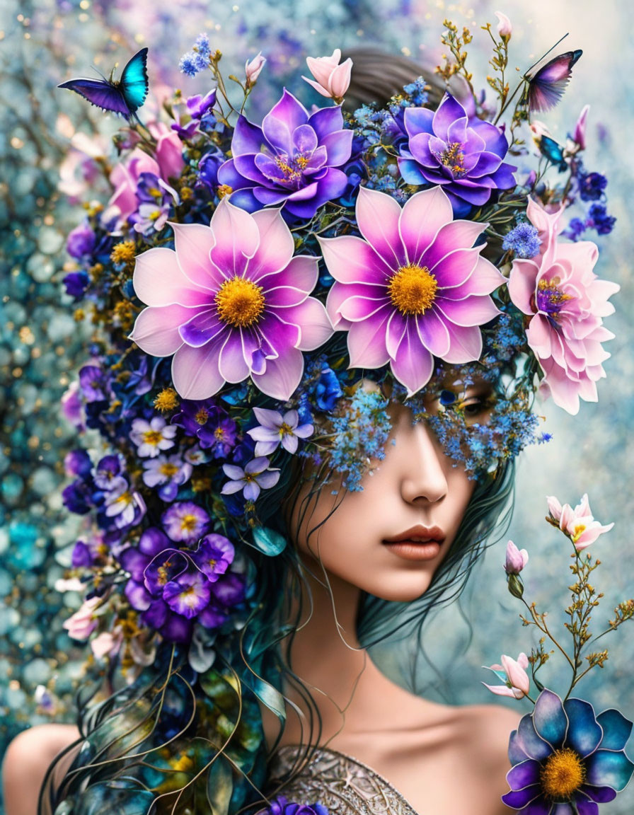 Surreal portrait of woman with purple and blue flowers and butterflies in hair