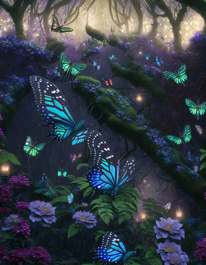 Enchanting forest scene with blue butterflies and glowing flowers