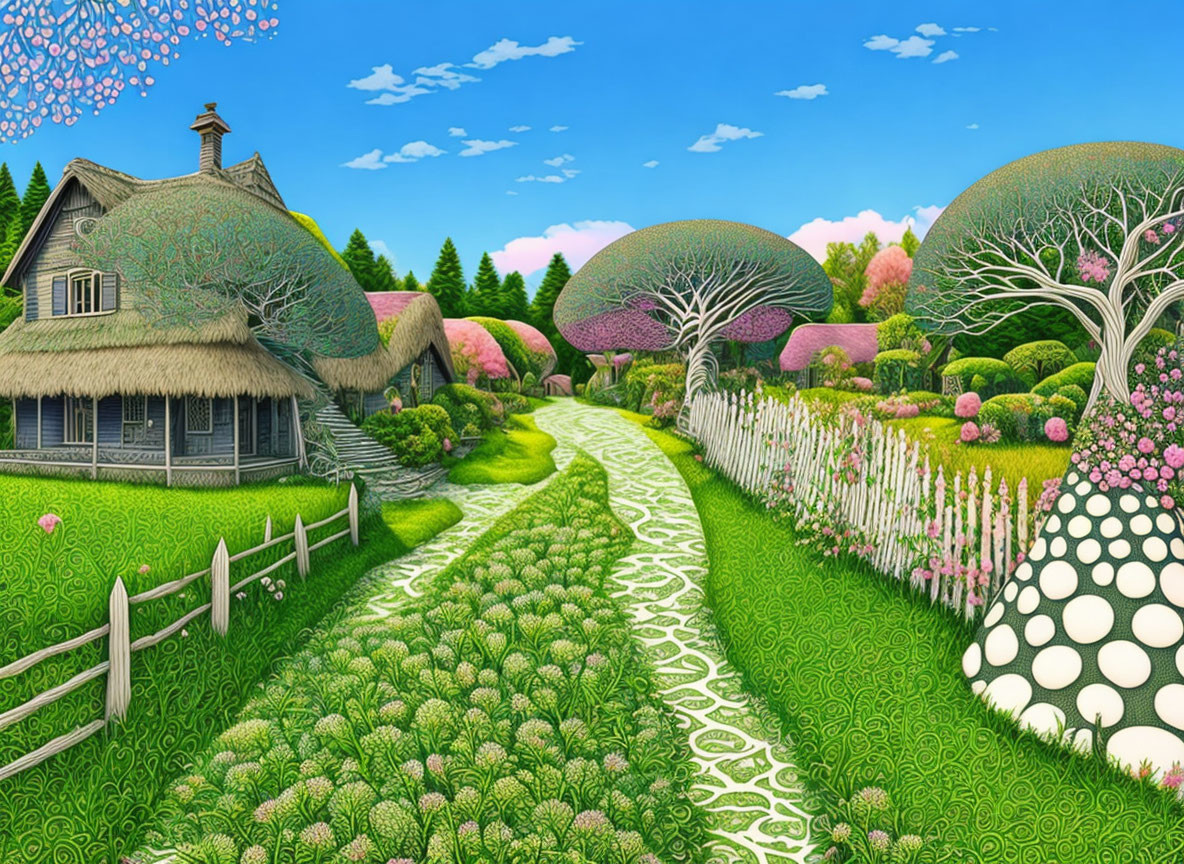 Colorful Whimsical Landscape with Thatched Cottage, Winding Path, Trees, and Fence