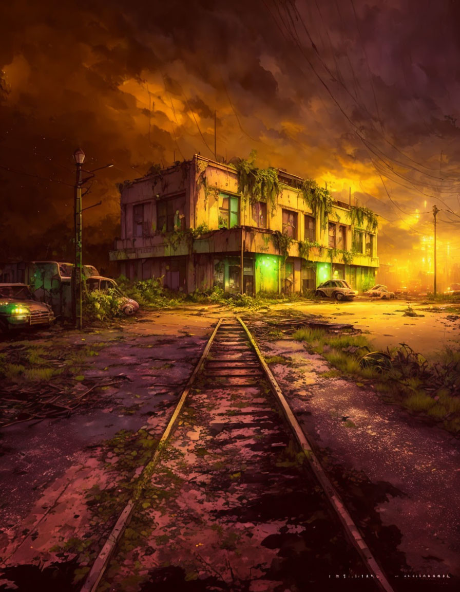 Desolate Urban Scene: Abandoned Buildings, Cars, and Railway Tracks at Dusk