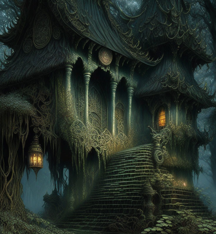 Mysterious Forest with Elaborate Treehouse and Hanging Lanterns